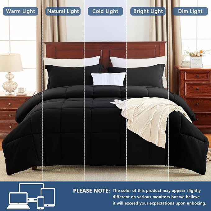 CozyLux Full Size Comforter Sets - Black Comforter Full Size, 3 Pieces Box Stitched Bed Set for All Seasons, Soft Lightweight Bedding Sets with 1 Down Alternative Comforter and 2 Pillow Shams