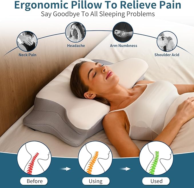Ylekto Cervical Neck Pillow for Pain Relief, Ergonomic Pillow Side Sleeper Pillow for Sleeping, Contour Memory Foam Pillows with Cooling Pillowcase Orthopedic Bed Pillow for Back Stomach Sleepers