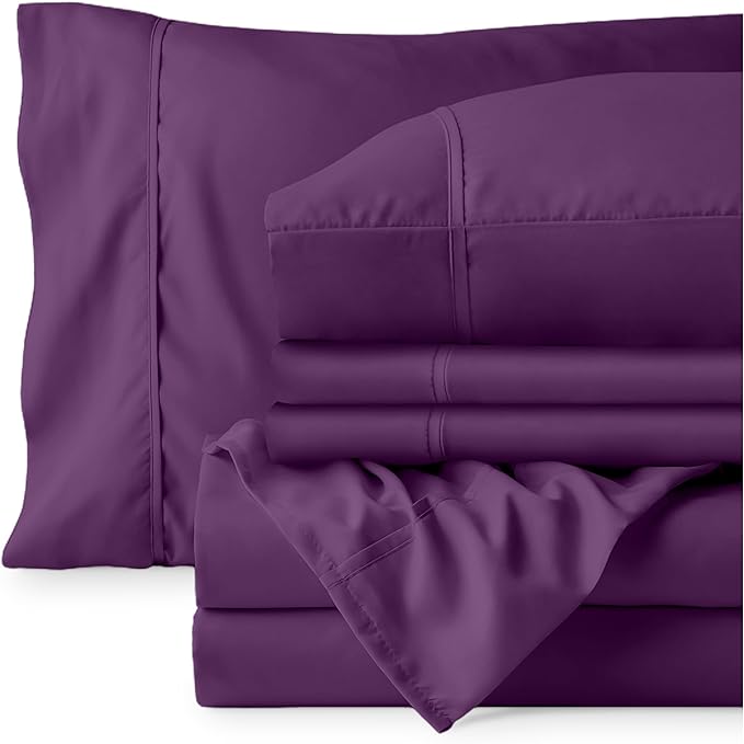 Bare Home Hotel Luxury King Sheet Set, Extra Soft - 6 Piece Set - Deep Pockets - Easy Fit - Cooling & Breathable - Wrinkle, Fade, Stain Resistant - Includes 4 Pillowcases (King, Plum)