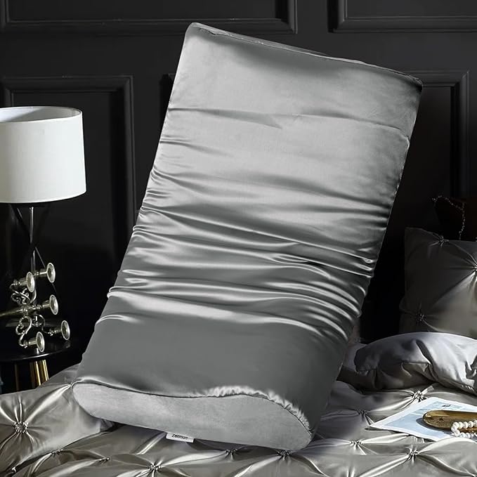 Satin Pillowcase for Contour Memory Foam Pillows, 20" x 12.6" x 4.1"/3.2" Cervical Pillow Case, Soft Covers with Envelop Closure (Grey)