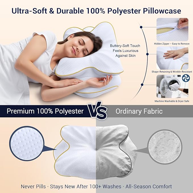 AZBESTPRO Memory Foam Cervical Pillow for Neck Support & Pain Relief, Butterfly Ergonomic Design – 24×15.75×5.7 Inches, Removable 100% Polyester Pillowcase, Suitable for Side & Back Sleepers (Gold)
