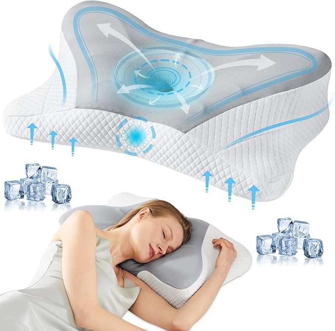 Sweetcrispy Cooling Ergonomic Memory Foam Cervical Pillow for Neck and Shoulder, Orthopedic Neck Support for Back Stomach Sleepers, Contour Side Sleeper for Adults, King, Grey