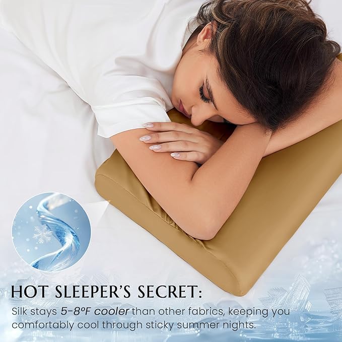THXSILK 19 Momme 100% Mulberry Silk Pillowcase for Contour Memory Foam Pillow, Contour Pillow Case Cover, Cervical Pillow Case, Pack of 1(Metallic Gold, 21"x14.5"x4.9"/4.2")