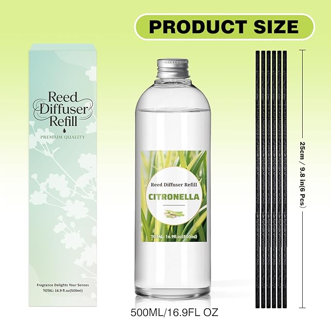 SCENTORINI Reed Diffuser Oil Refill, 16.9oz Natural Citronella Scented Essential Oil with 6 Sticks, Long Lasting Home Fragrance for Large Space, Bathroom, Spa Room, Hotel, Patio, Outdoor, Office