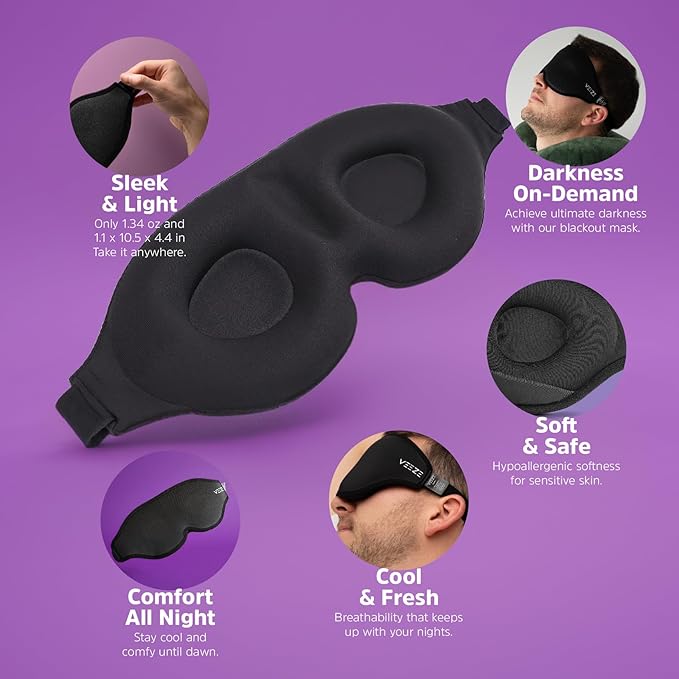 VEEZE Sleep Mask for Sleep - Sleeping Mask with Nose Flap - Soft Eye Mask for Sleep Adjustable Elastic Strap - Sleep Masks for Women & Men - Eye Covers for Sleeping - Blackout Eye Mask for Sleeping