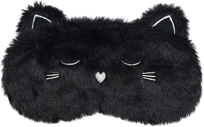 Cute Sleeping Mask, Black Cat Soft Plush Fluffy Sleep Mask Men Cartoon Kittens Blindfold Novelty Eye Cover Eyeshade Shade for Kids Girls and Adult Travel (Black, Cat)