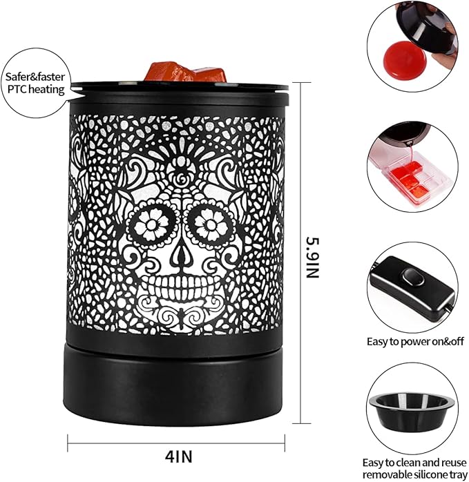 Enaroma Fragrance Wax Melts Warmer with 7 Colors LED Changing Light Classic Black Forest Design Scent Oil Candle Warmer for Home Skull