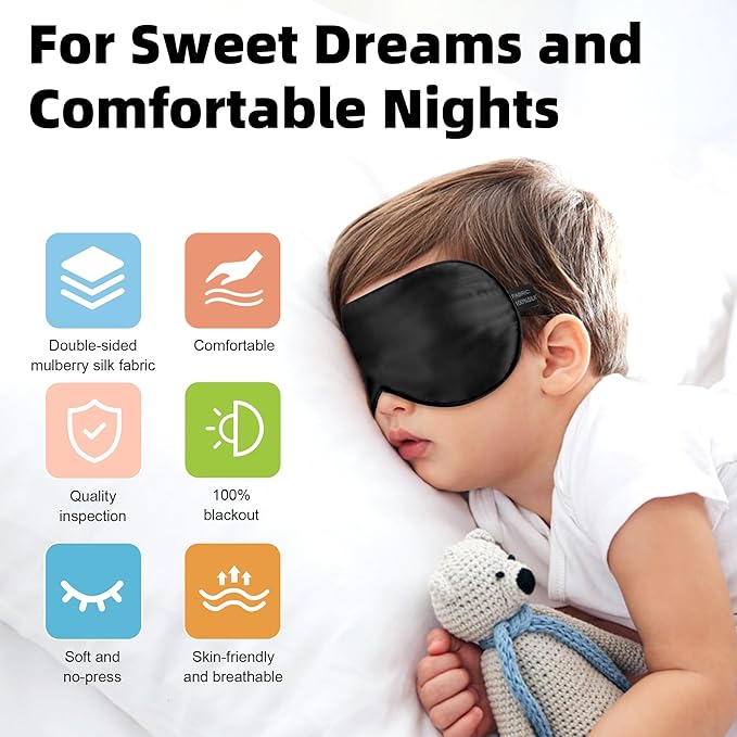 Silk Sleep Eye Mask for Kids, 100% Real Natural Pure Silk Sleeping Masks, Blindfold Sleep Eye Cover with Adjustable Strap, Soft & Lightweight Night Eyeshade for Boys Girls Teens (Black)