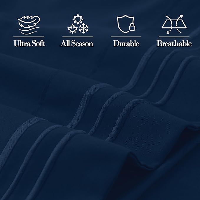 Mocassi 2-Piece Premium Standard/Queen Pillowcase Set 1800 Series Hotel Quality Microfiber - Soft and Breathable with 3-Line Embroidery Wrinkle and Stain Resistant, Easy Care, 20" x 30", Navy Blue