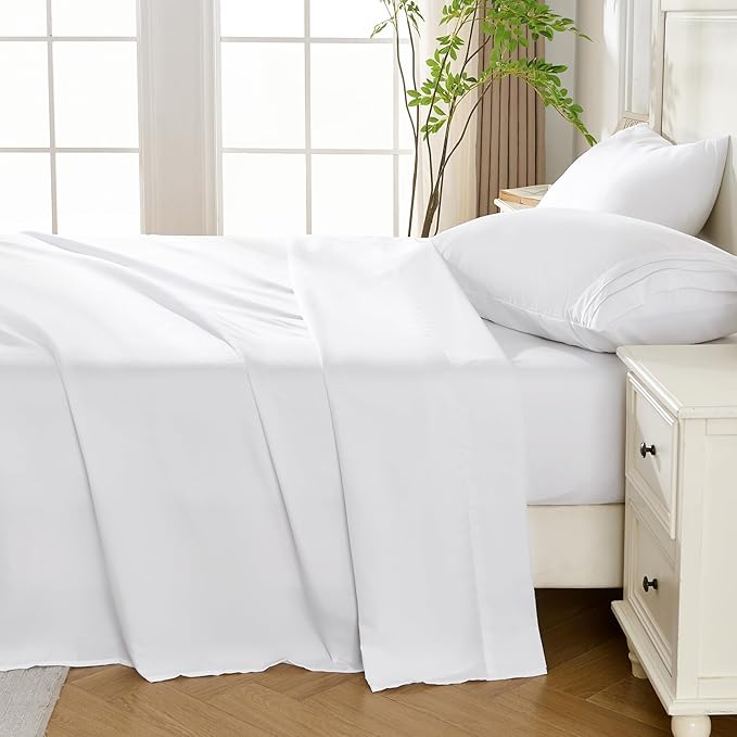 ROSE&RISY White Full Sheet Set, 4 Pieces Soft Bedding Sheet Set, Breathable and Cooling,Includes 1 Fitted, 1 Flat, 2 Pillow Cases - Deep Pocket (White, Full)