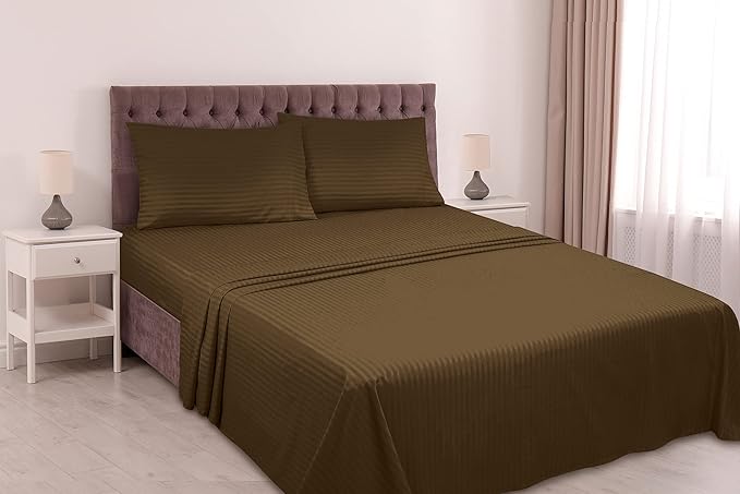 ROYALE LINENS 4 Piece King Sheets Set - Soft Brushed 1800 Microfiber - 1 Fitted, 1 Flat Sheet, 2 Pillow Cases - Wrinkle Free & Fade Resistant - Hotel Luxury Bed Sheets (Stripe Chocolate, King)