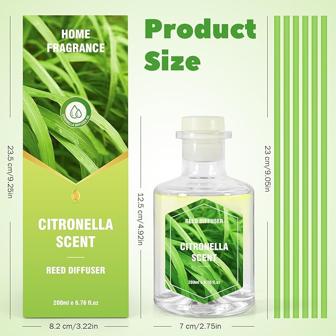 SCENTORINI Citronella Reed Diffuser Set, 6.7 Fl Oz Scented Diffusers for Home, Citronella Oil Reed Diffusers Refills, Suitable for Bedroom, Bathroom, Patio, Camping, Courtyard, Pool, Outdoor Use