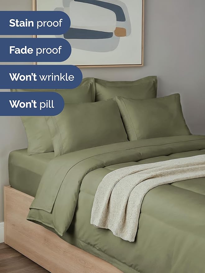 Queen Comforter Set - 7 Piece Bed in a Bag Queen Size Bed Set - Down Alternative Comforter, Flat Sheet, Fitted Sheet, Pillowcase & Shams for All Seasons - Ultra Soft, Comfy & Breathable - Sage Green