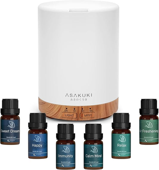 ASAKUKI Essential Oil Diffuser for Home, 300 ml Aromatherapy Diffuser with 6 Essential Oil Sets, Automatic Shut-Off, 7 LED Lights for Living Room, Bedroom, Hotel, Gift for Mom - Brown with Oils