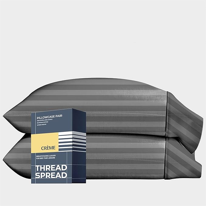 THREAD SPREAD 100% Egyptian Cotton Damask Pillow Cases Queen Size Set of 2 - Luxury 1500 Series Queen Pillow Cases (Dark Grey Stripe), Soft Cooling Envelope Closure Hotel Egyptian Cotton Pillowcases