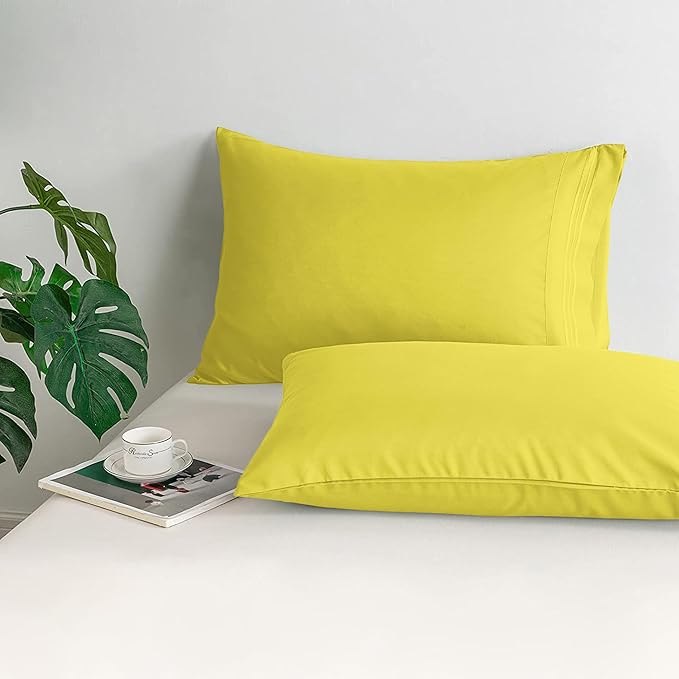 Mocassi 2-Piece Premium Standard/Queen Pillowcase Set 1800 Series Hotel Quality Microfiber - Soft and Breathable with 3-Line Embroidery Wrinkle and Stain Resistant, Easy Care, 20" x 30", Yellow