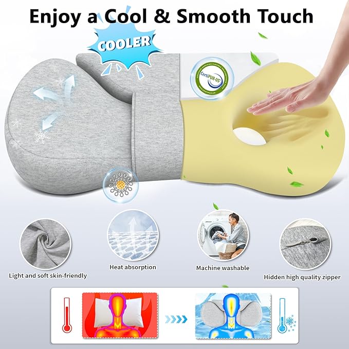 Cervical Neck Roll Pillow, Say Goodbye to Neck Pain, Travel Neck Support Pillow for Side Sleepers, Ergonomic Memory Foam Camping Pillow, Cervical Traction Device with Storage Bag (Gray)