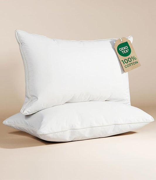 100% Cotton Bed Pillows - King Size Set of 2 - Super Soft, Breathable, Down Alternative Polyester for Back & Stomach Sleepers - Low Density, Low Loft Support & Machine Washable - 20" x 40" (White)