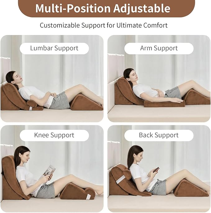 4PCS Orthopedic Bed Wedge Pillow Set for Post Surgery&Pain Relief,Adjustable Wedge Pillow for Back,Acid Reflux,Sitting up in Bed,Recovery,Snoring,Body Pillow for Sleeping (Brown)