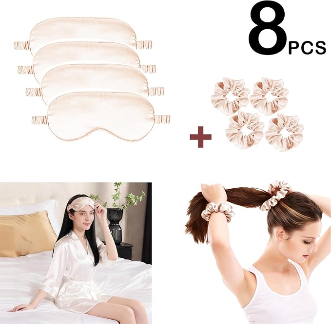 Satin Eye Mask 8Pcs Silk Sleep Masks Silky Blindfold Eyeshade Blackout Eyes Cover Scrunchies Hair Ties Travel Wedding Gifts
