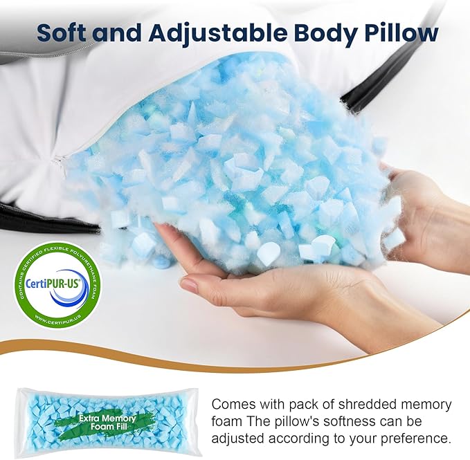 TranquilRelax C Shaped Body Pillow for Side Sleepers, Memory Foam Long Pillow for Leg, Hip & Back Support, Soft Washable Cover,Black-53 * 10"