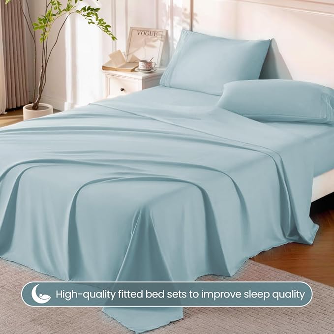 ROSE&RISY Light Blue Sheet Set, 4 Pieces Soft Bedding Queen Sheet Set, Breathable and Cooling,Includes 1 Fitted, 1 Flat, 2 Pillowcases - Deep Pocket (Light Blue, Queen)