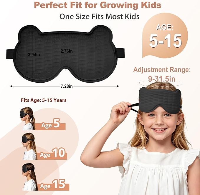 Kids Sleep Mask, 3D Sleep Mask for Kids with Adjustable Elastic Strap, Soft Comfortable Eye Mask for Children, Blackout Travel Kid Sleeping Mask for Ages 5-15 Boys Girls (Black)