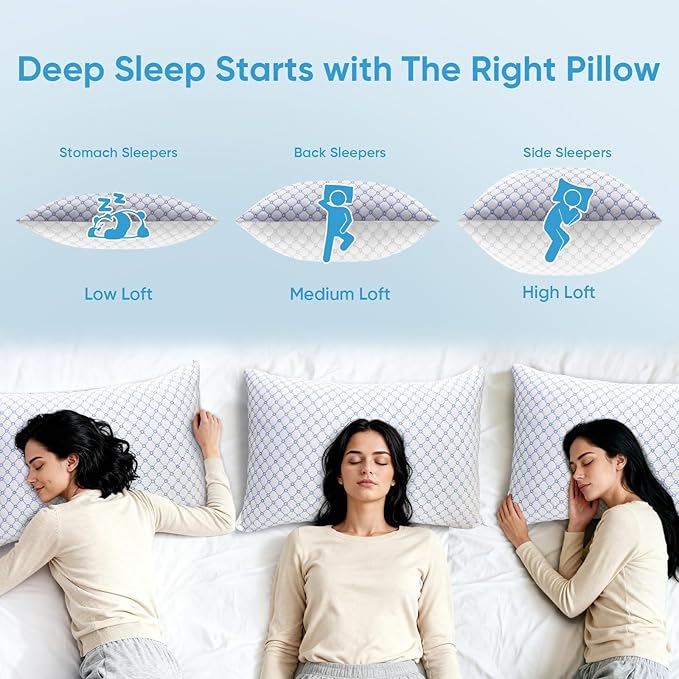OAISZ Cooling Pillow Queen Size Set of 2, Shredded Memory Foam Bed Pillows for Sleeping, Adjustable Pillows with Cooling Cover, Soft Yet Supportive Memory Foam Pillows for Side Back Stomach Sleepers