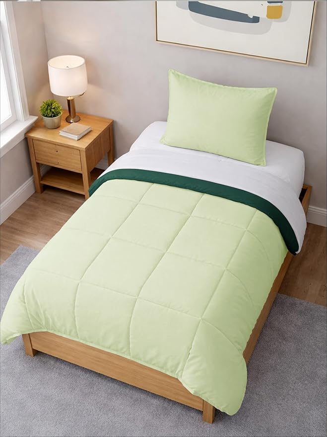 Twin Comforter Set - 2 Piece Bed Set for All Seasons - 1 Soft Quilted Comforter with Corner Tabs & 1 Pillow Sham - Comfy, Cozy & Breathable - Premium Down Duvet Insert - Twin Size, Emerald/Light Sage