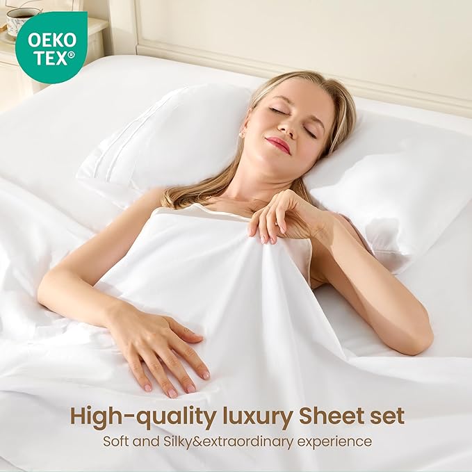 ROSE&RISY White Twin Sheet Set, 3 Pieces Soft Bedding Twin Sheet Set, Breathable and Cooling,Includes Fitted, Flat, Pillow Cases - Deep Pocket (White, Twin)