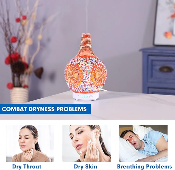 Mosaic Glass Essential Oil Diffuser,Tiffany Aromatherapy Diffuser Sunflower Pattern 100ml Turkish Moroccan Color Changing Aroma Ultrasonic Diffusers Cool Mist Air diffuser for Sleeping SPA Office Home