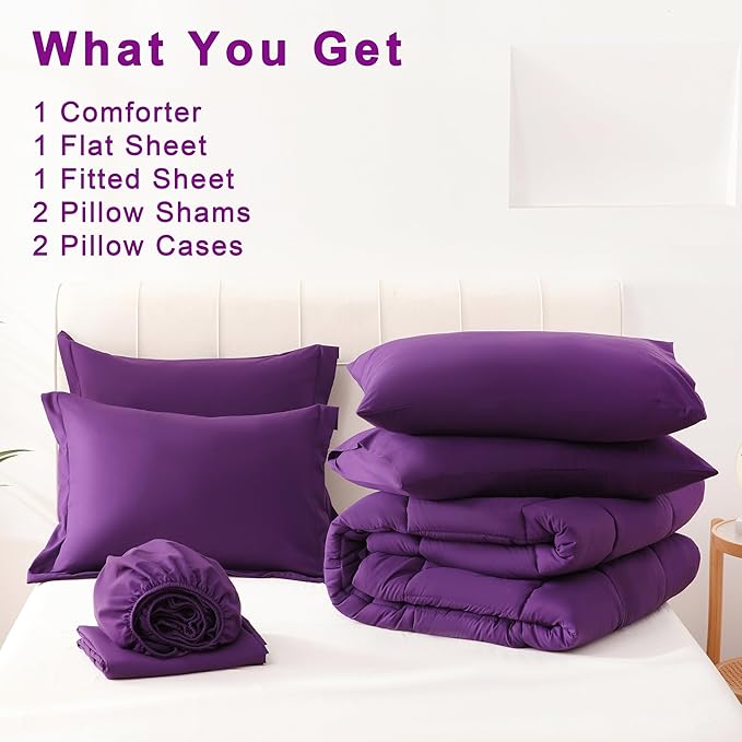 DOWNCOOL Full Size Comforter Sets, 7Pcs Full Size Bedding Sets Dark Purple, All Season Down Alternative Bedding Comforter Sets with Comforter, Flat Sheet, Fitted Sheet, 2 Pillow Shams & 2 Pillowcases