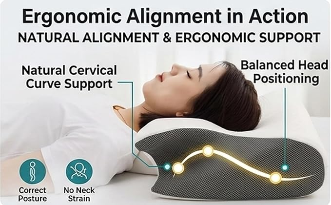 Memory Foam Neck Pillow, Contoured Support Pillows for Side Back Stomach Sleepers, Neck Support Pillows for Sleeping, Neck Elevation Design (Black)