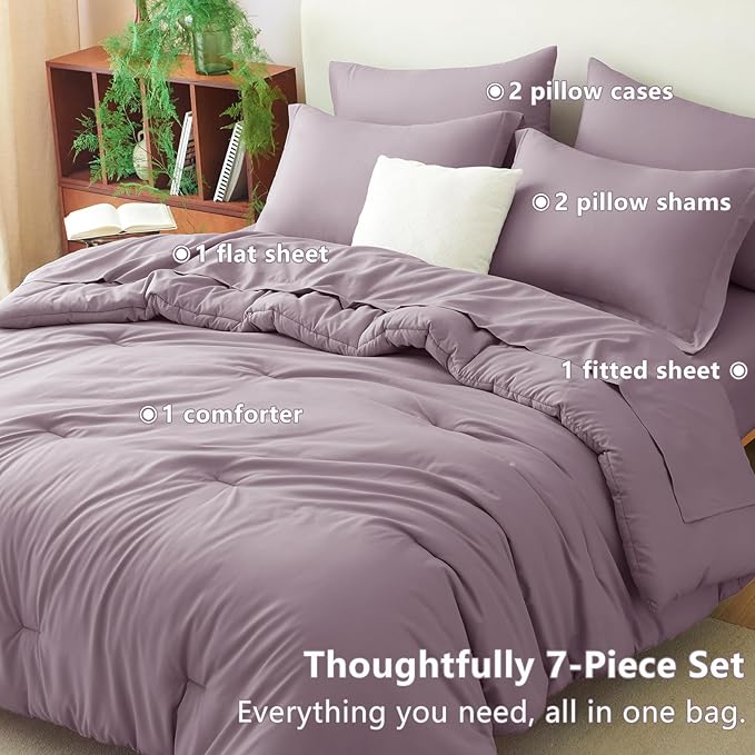 CozyLux Queen Comforter Set Dusty Purple, 7 Pieces Bed in a Bag Queen Comforter Set with Sheets, Luxury Soft Bedding Sets with Down Alternative Comforter, Fitted Sheet, Flat Sheet, Pillowcases & Shams
