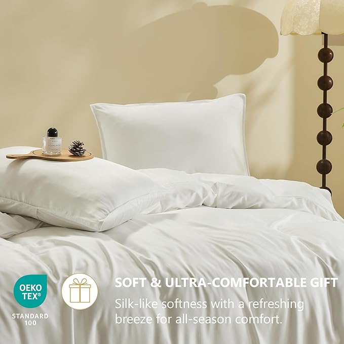 Simple&Opulence Cooling Duvet Cover Set King Size, 3 Pcs 100% Viscose Derived from Bamboo Hotel Luxury Silky Bedding Set, Breathable Soft Comforter Cover for Hot Sleeper with 2 Pillowcases(White)