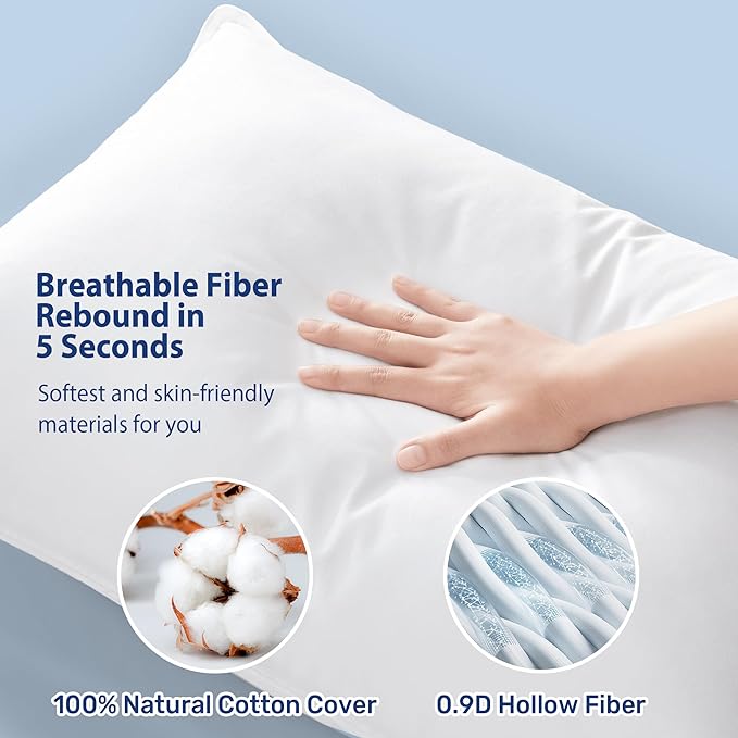 UNIKOME Ultra Soft Pillows Standard Size Set of 2 - Hotel Collection Luxury 100% Cotton Cover Down Alternative Bed Pillow, Fluffy Pillows for Back, Stomach or Side Sleepers