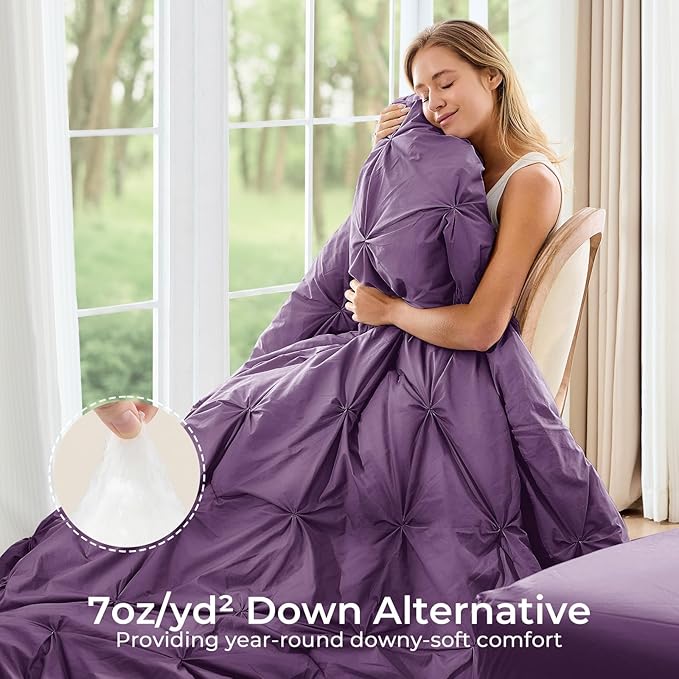 Sasttie Full Size Comforter Set, 7-Piece Bed in a Bag Double, Pintuck Bedding Set for All Season, Includes Comforter, Flat Sheet, Fitted Sheet, Pillowcases and Pillowshams, Grape Purple
