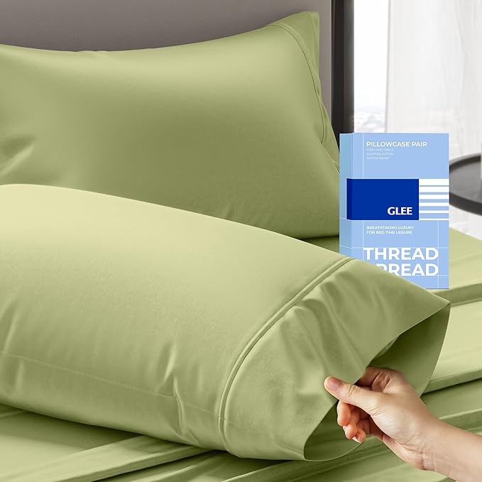 Thread Spread 100% Cotton King Size Pillow Cases Set of 2 - Luxury 400 Series Glee Collection Pillow Cases King Size (Sage Green), Soft Cooling Breathable & Durable Sateen Hotel Cotton Pillowcases