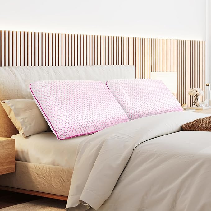 CushyOasis Memory Foam Pillows for Side, Back and Stomach Sleepers, Set of 2, Bed Pillow with Washable Cover and Breathable Mesh, Bed Pillow for Sleeping (Pink，King Size)