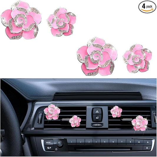 4PCS Bling Car Air Vent Clips, Flower Shiny Rhinestone Clip-on Vehicle Air Outlet Clamp, Sparkly Diamond Auto Interior Vent Decoration Clip, Universal for SUV Automobile Truck (Pink)
