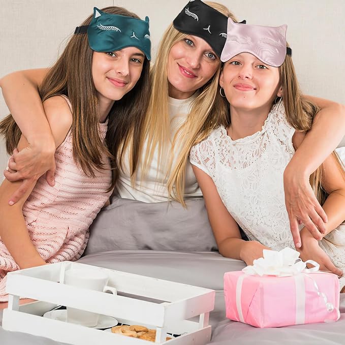 Cute Cat Silk Satin Eye Mask - 3Pcs Women's Blackout Blindfold with Elastic Strap - Travel Eye Mask (3 Colors)