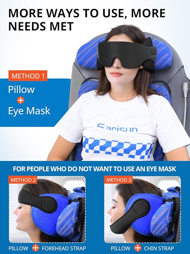 SARISUN Travel Pillows for Airplanes with Sleep Eye Mask, Chin Strap, Airplane Pillow for Long Flights, Car Road Trip, 360° Support Headrest, Stop Bobblehead Travel Essential, Mottled Grey