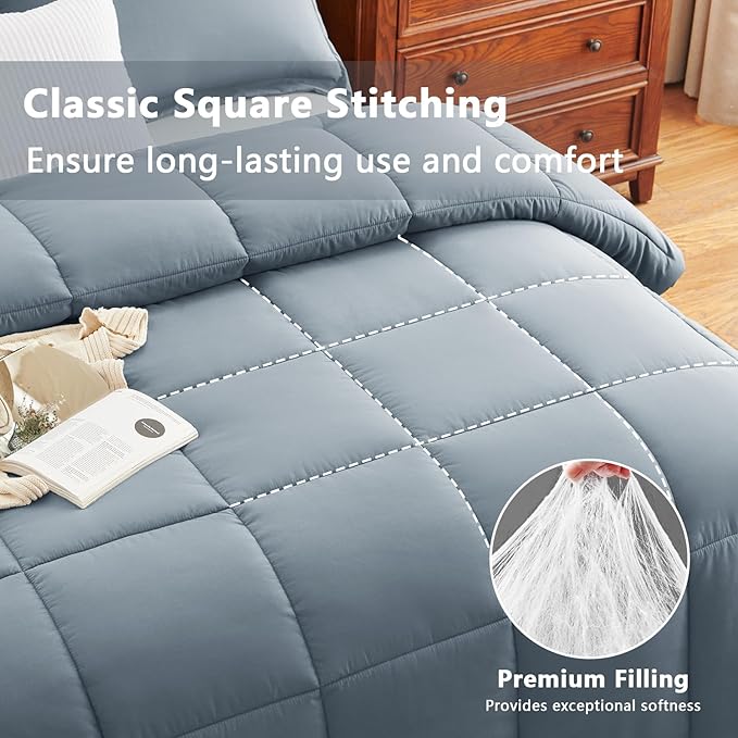 CozyLux King Comforter Set - Grayish Blue Comforter King Size, 3 Pieces Box Stitched Bed Set for All Seasons, Soft Lightweight Bedding Sets with 1 Down Alternative Comforter and 2 Pillow Shams