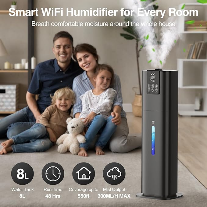 8L Smart Humidifier Large Room Bedroom Home, Quiet Top Fill Cool Mist Humidifier with Diffuser, Night Light, 3 Speed Humidifiers with 360° Nozzle, Timer, Humidity Setting for Plants Office Yoga Baby