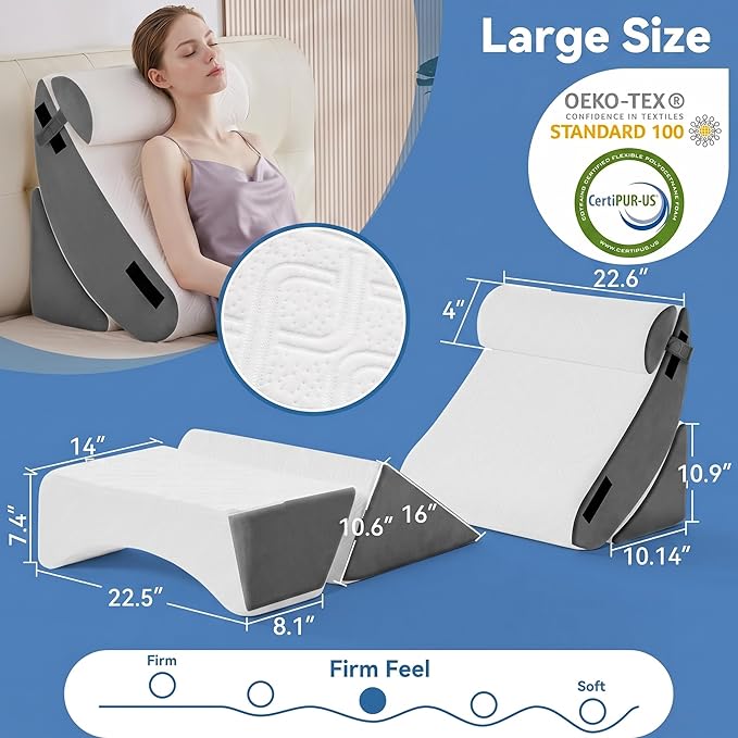 5PCS Wedge Pillow Set for After Surgery,Large Size Bed Orthopedic Pillow for Sleeping, Memory Foam Back Pillow for Pain Relief and Acid Reflux, Adjustable Sitting Up for Bed Post Surgery Pillow Grey