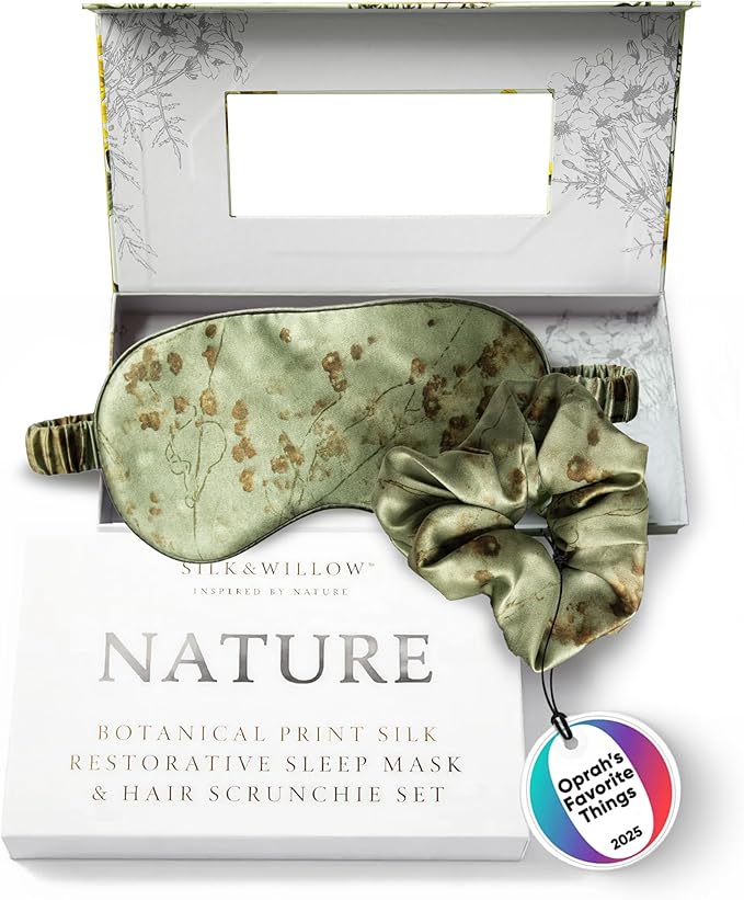 SILK & WILLOW - Botanical Print Pure Mulberry Silk Eye Mask & Scrunchie Gift Set, Luxurious Sleep Eye Mask & Hair Accessory Bundle, Durable Nature-Considerate Wellness Gifts for Women, Coreopsis Sage
