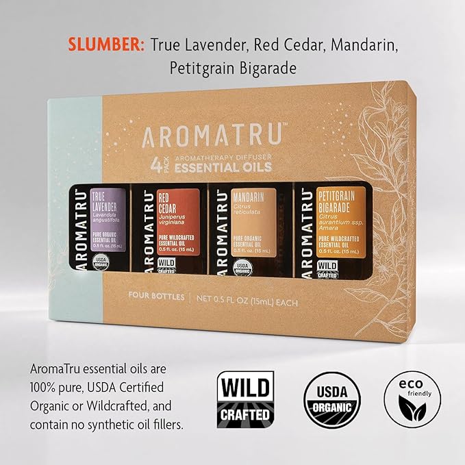 AromaTru Slumber Essential Oil Kit – True Lavender, Red Cedar, Mandarin, and Petitgrain Bigarade – Organic & Wildcrafted – ISO Certified – No Synthetic Fillers – Ethically Sourced