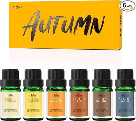 Autumn Essential Oils, MitFlor Fall Fragrance Oils for Candle Soap Making, 10ml x 6 Essential Oils for Diffusers for Home, Aromatherapy Gift Set for Halloween, Pumpkin Pie, Maple Syrup & Autumn Walk