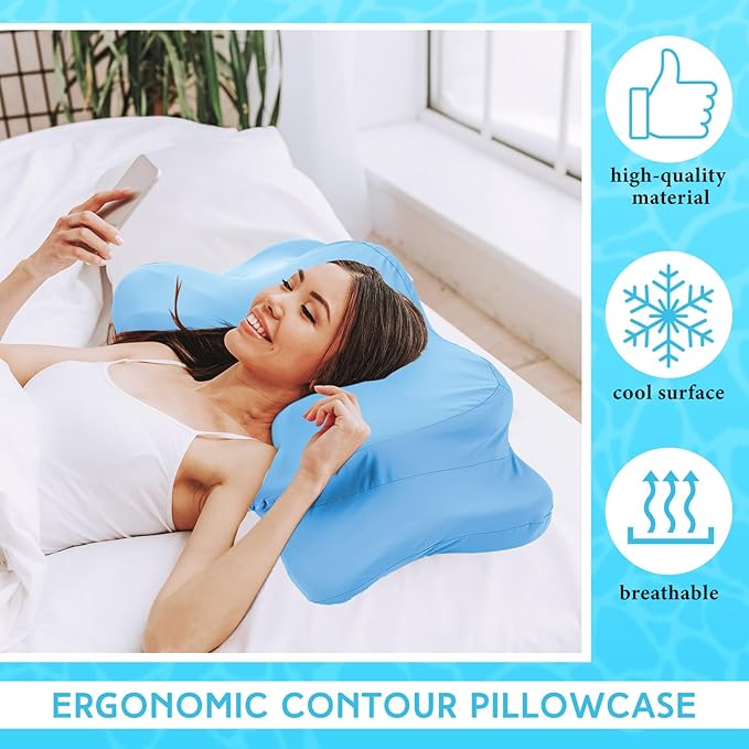 Hahafelt Cooling Cervical Neck Pillowcase Cover (Only Pillow Case) Ergonomic Pillowcase with Zipper Breathable Contour Pillow Cover for Side Back Stomach Sleepers(Blue,Queen Size)