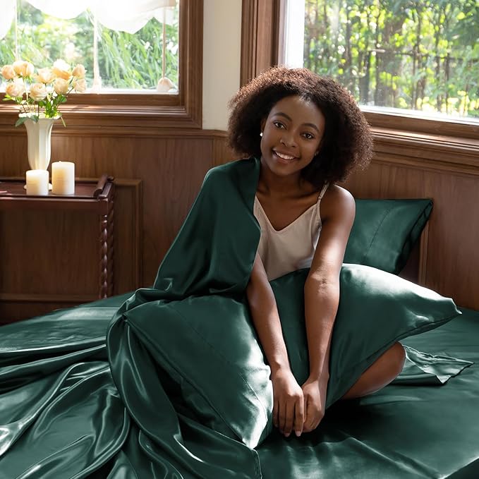 CozyLux Satin Sheets Queen Size Bed Set - 4 Piece Silky Queen Sheet Set, Luxury Deep Teal Queen Sheets with Smooth and Soft Microfiber, Includes 1 Fitted Sheet, 1 Flat Sheet and 2 Pillowcases